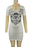 White Sexy Street Print Ripped Patchwork V Neck One Step Skirt Dresses