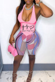 Pink Casual Print Patchwork Asymmetrical Halter Sleeveless Two Pieces