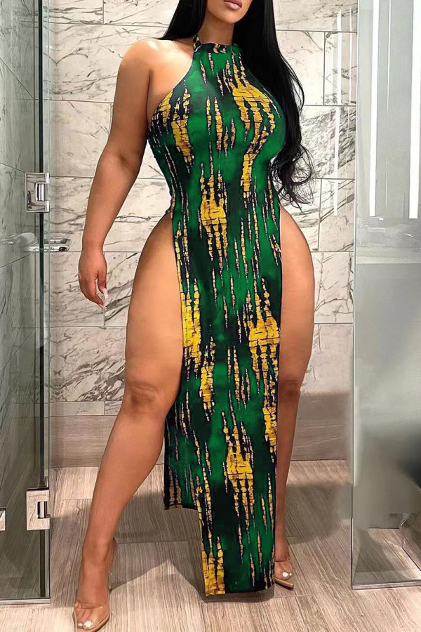 Green Sexy Print Patchwork Slit O Neck Straight Dresses