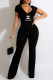 Black Fashion Casual Print Letter V Neck Jumpsuits