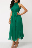 Green Fashion Casual Solid Hollowed Out Split Joint O Neck Sleeveless Dress