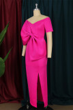 Rose Red Fashion Sexy Patchwork Solid Slit With Bow V Neck Evening Dress