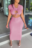 Pink Sexy Casual Solid Hollowed Out O Neck Short Sleeve Two Pieces