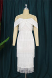 White Fashion Sexy Solid Tassel Patchwork Backless Off the Shoulder Evening Dress
