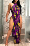 Red Sexy Print Patchwork Slit O Neck Straight Dresses