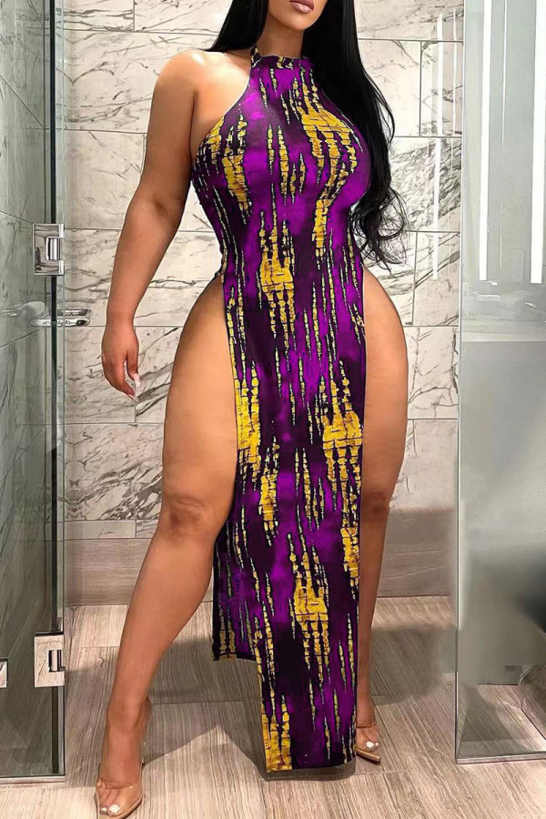 Light Purple Sexy Print Patchwork Slit O Neck Straight Dresses