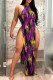 Light Purple Sexy Print Patchwork Slit O Neck Straight Dresses