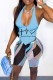 Blue Casual Print Patchwork Asymmetrical Halter Sleeveless Two Pieces