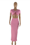 Pink Sexy Casual Solid Hollowed Out O Neck Short Sleeve Two Pieces