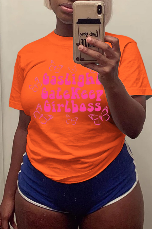 Orange Fashion Daily Butterfly Print Patchwork Letter O Neck T-Shirts