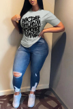 Red Fashion Street Print Patchwork Letter O Neck T-Shirts