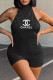 Black Fashion Sexy Print Backless O Neck Rompers