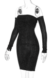 Black Sexy Patchwork Bright Silk Off the Shoulder Pencil Skirt Dresses