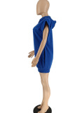 Blue Casual Solid Patchwork Hooded Collar Dresses