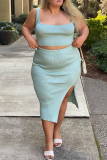 Light Blue Fashion Solid Split Joint Square Collar Pencil Skirt Plus Size Two Pieces