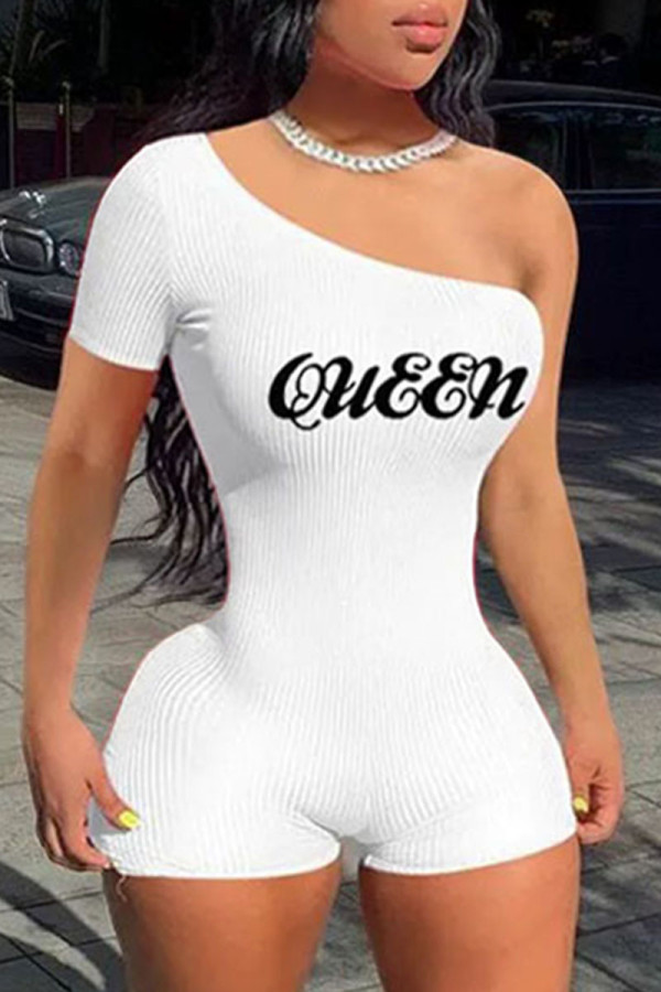 White Sexy Letter Print Patchwork One Shoulder Skinny Rompers