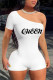 White Sexy Letter Print Patchwork One Shoulder Skinny Rompers