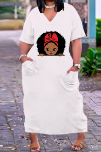 Red White Fashion Casual Plus Size Print Basic V Neck Short Sleeve Dress