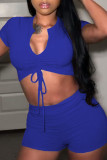 Blue Fashion Casual Solid Draw String Frenulum V Neck Short Sleeve Two Pieces