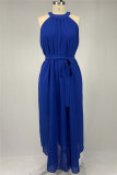 Blue Fashion Casual Solid Hollowed Out Split Joint O Neck Sleeveless Dress