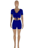 Blue Fashion Casual Solid Draw String Frenulum V Neck Short Sleeve Two Pieces