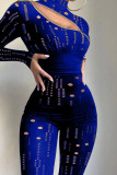 Royal Blue Sexy Solid Hollowed Out Patchwork Zipper Skinny Jumpsuits