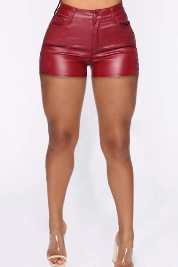 Burgundy Fashion Casual Solid Patchwork Skinny High Waist Shorts