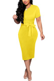 Yellow Fashion adult Sexy Cap Sleeve Short Sleeves O neck A-Line Knee-Length Bowknot Solid Patchw