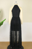 Black Fashion Sexy Dot Solid Patchwork See-through O Neck Sleeveless Dress Dresses