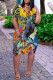 Yellow Fashion Casual Print Patchwork V Neck Short Sleeve Dress