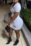 White Sexy Street Print Ripped Patchwork V Neck One Step Skirt Dresses