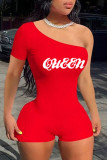 Red Sexy Letter Print Patchwork One Shoulder Skinny Rompers
