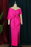 Rose Red Fashion Sexy Patchwork Solid Slit With Bow V Neck Evening Dress