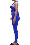 Blue Sexy Solid Hollowed Out Patchwork See-through Halter Sleeveless Two Pieces