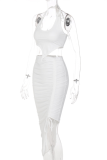 White Sexy Solid Draw String Halter Sleeveless Two Pieces