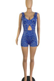 Blue Sexy Print Hollowed Out Patchwork V Neck Regular Rompers