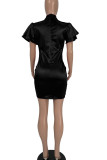 Champagne Casual Solid Patchwork O Neck One Step Skirt Dresses