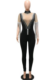 Blue Sexy Solid Tassel Patchwork See-through Hot Drill Half A Turtleneck Skinny Jumpsuits