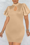 Champagne Casual Solid Patchwork O Neck One Step Skirt Dresses