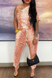 Tangerine Red Casual Print Patchwork Oblique Collar Regular Jumpsuits