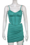 Green Sexy Solid Draw String Spaghetti Strap Sleeveless Two Pieces