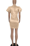 Champagne Casual Solid Patchwork O Neck One Step Skirt Dresses