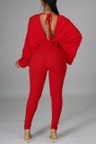 Red Fashion Casual Solid Without Belt V Neck Skinny Jumpsuits