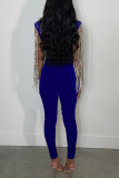 Blue Sexy Solid Tassel Patchwork See-through Hot Drill Half A Turtleneck Skinny Jumpsuits