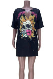 Black Casual Street Print Ripped Patchwork V Neck T-Shirts