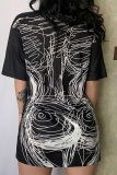 Black Casual Print Patchwork O Neck Straight Dresses
