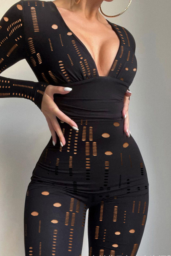 Matte Black Sexy Solid Patchwork See-through V Neck Regular Jumpsuits