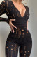Matte Black Sexy Solid Patchwork See-through V Neck Regular Jumpsuits
