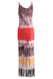 Red-brown Sexy Casual Print Tie Dye Tassel Spaghetti Strap Long Dress