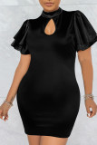 Champagne Casual Solid Patchwork O Neck One Step Skirt Dresses